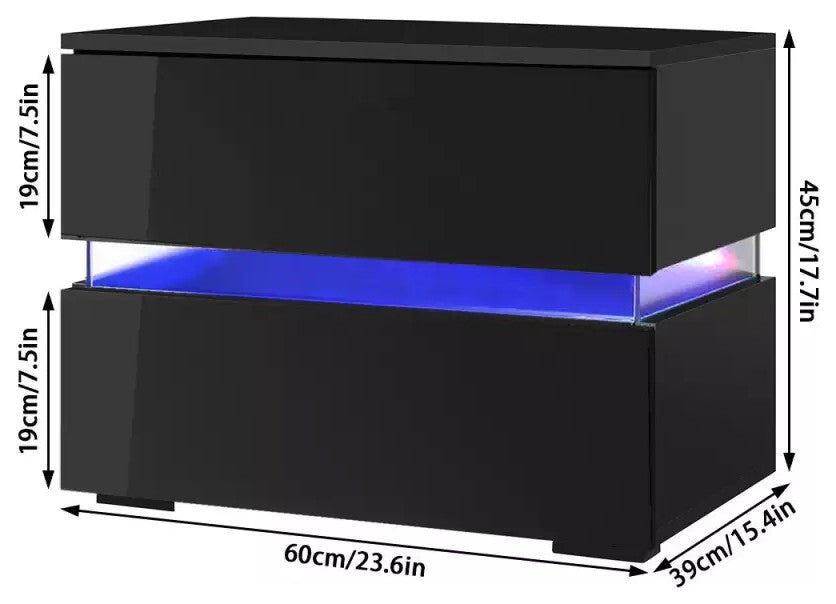 Modern LED Light Nightstand w/2 Drawers with 20 Colors, Black