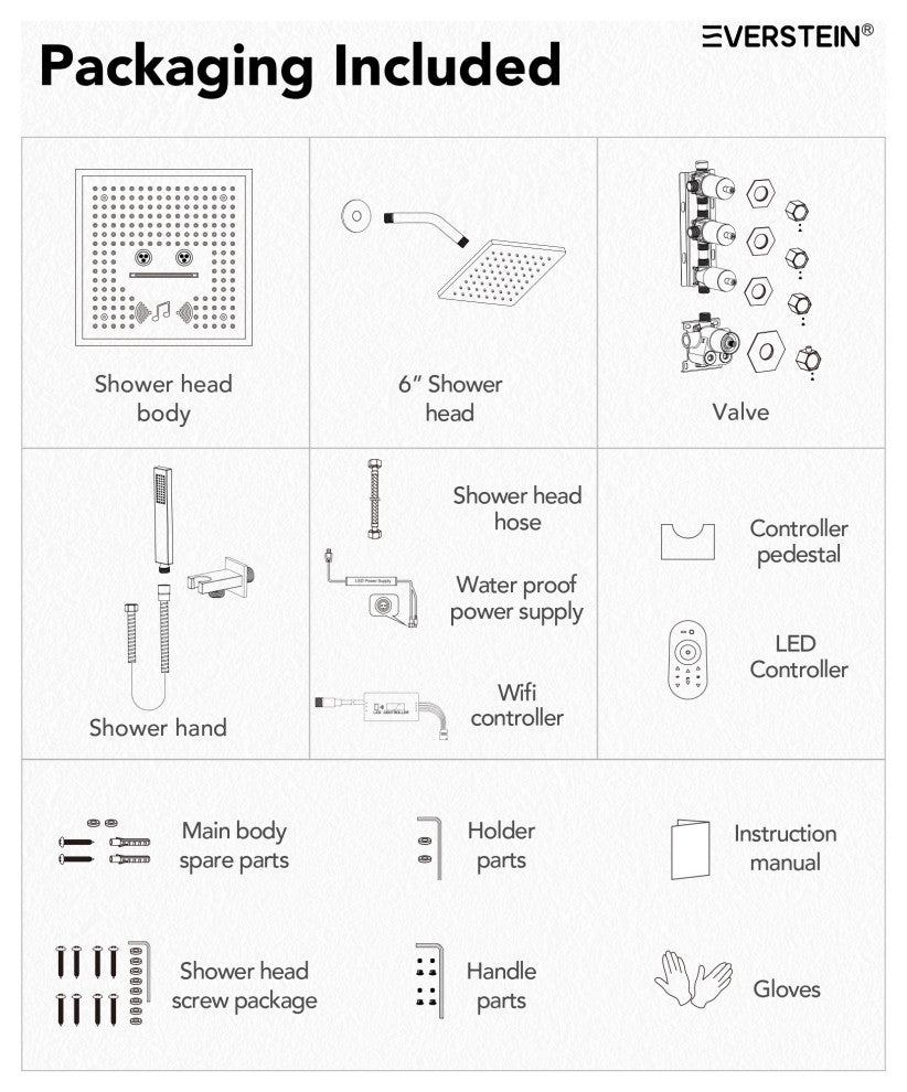 Music Shower System 16x6"Rainfall LED Shower Head With4 Way Thermostatic Faucet, Brushed Nickel
