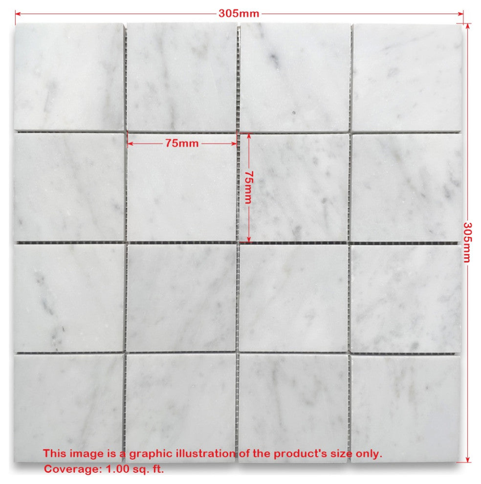 Carrara White Bardiglio Gray 3" Marble Checkerboard Mosaic Tile Polish, 1 sheet