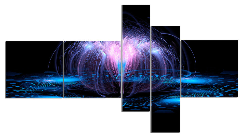 Fractal Blue Flowing Flower, Floral Art Canvas Print, 60"x32", 5 panels
