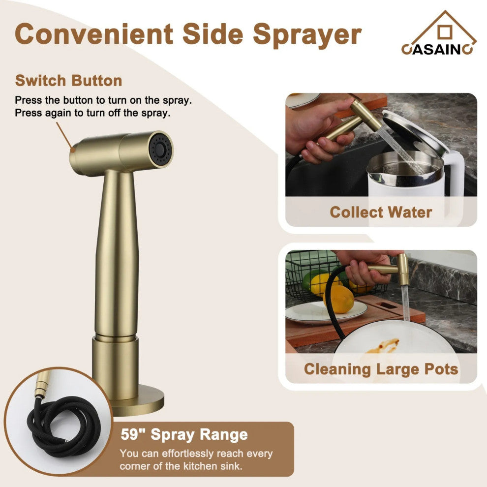 CASAINC Bridge Kitchen Faucet Double Handle with Side Sprayer 3 Color, Brushed Gold