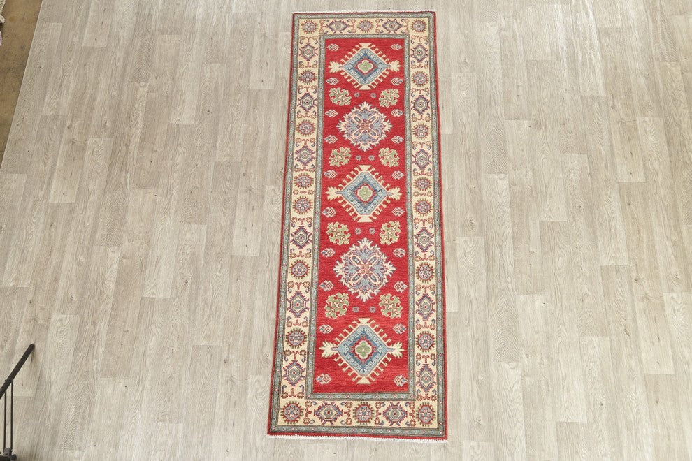 Pakistani Kazak Oriental Traditional Wool Hand Made Runner Rug, Red, 7'11"X2'9"