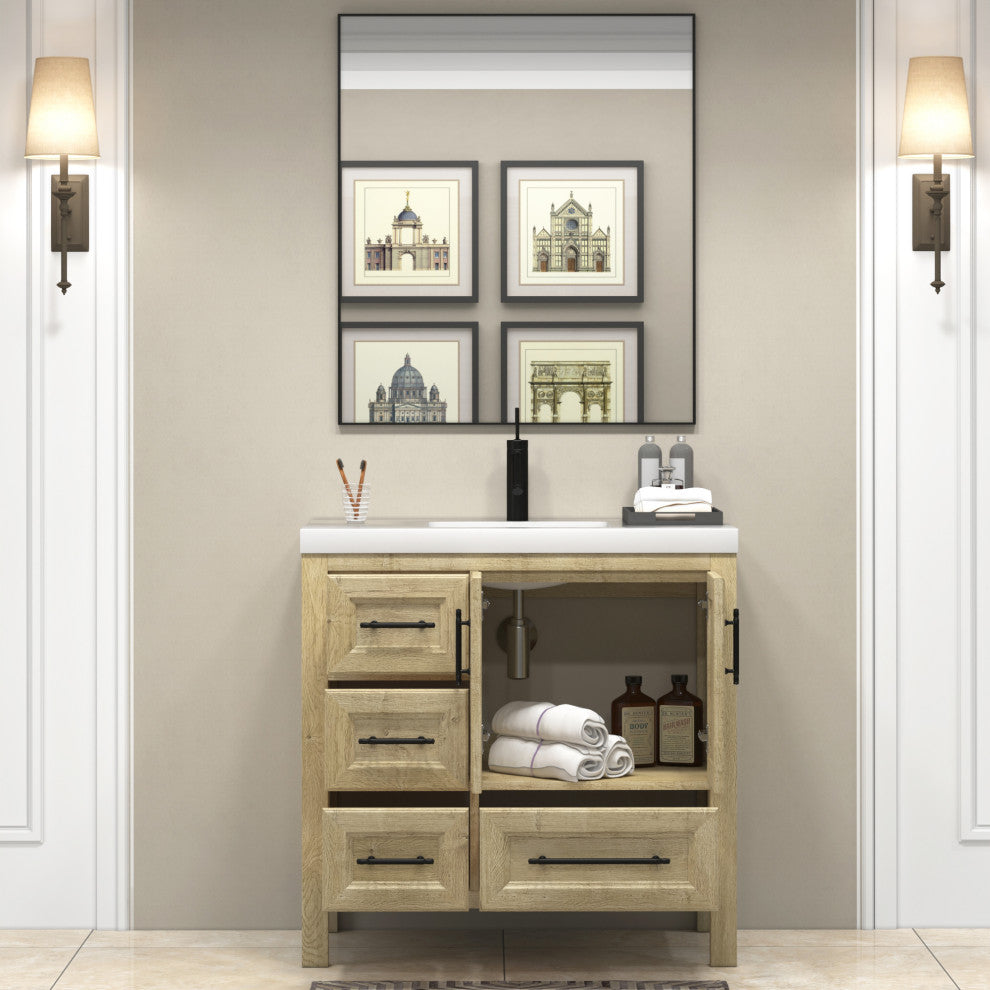 VIV 36" Solid Wood Freestanding Bathroom Vanity, Left Side Drawers, Oak