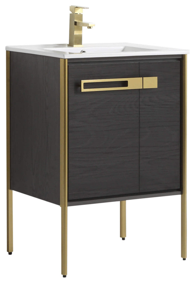 Oakville Bath Vanity, Ceramic Sink, Black Coal Oak, 24 Inch, Satin Brass Hardwar