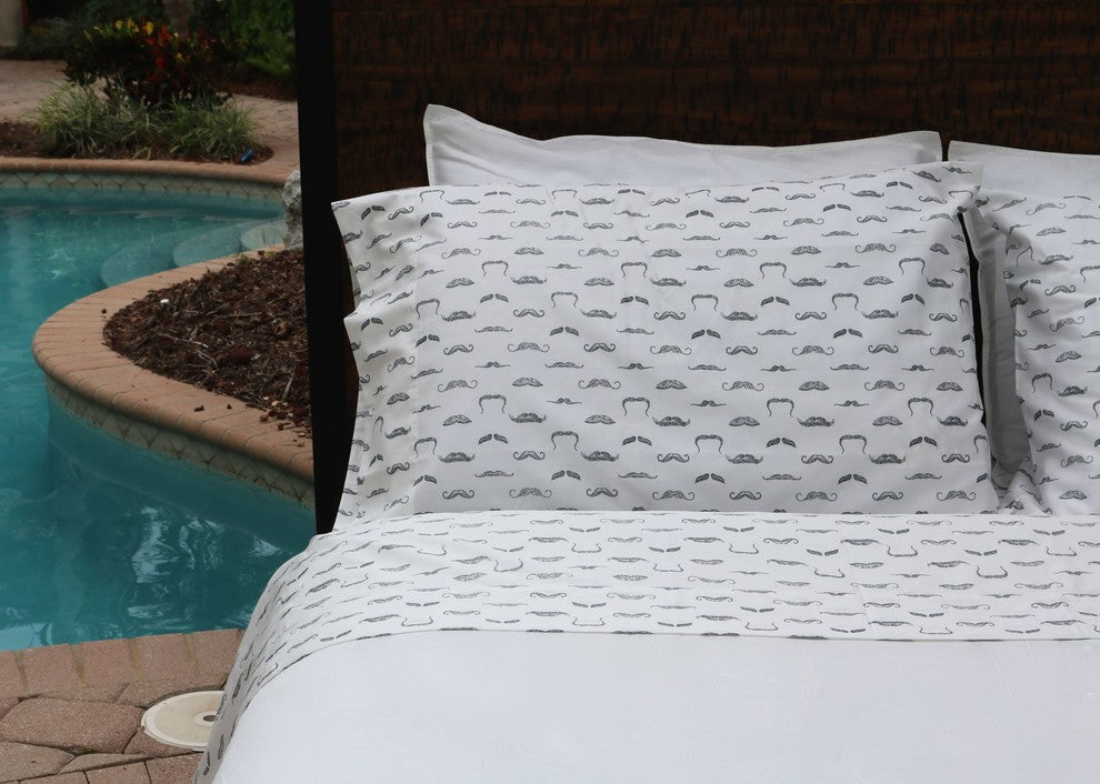 Slate Gray Mustaches Printed Sheet Set, 100% Cotton Matte Sateen