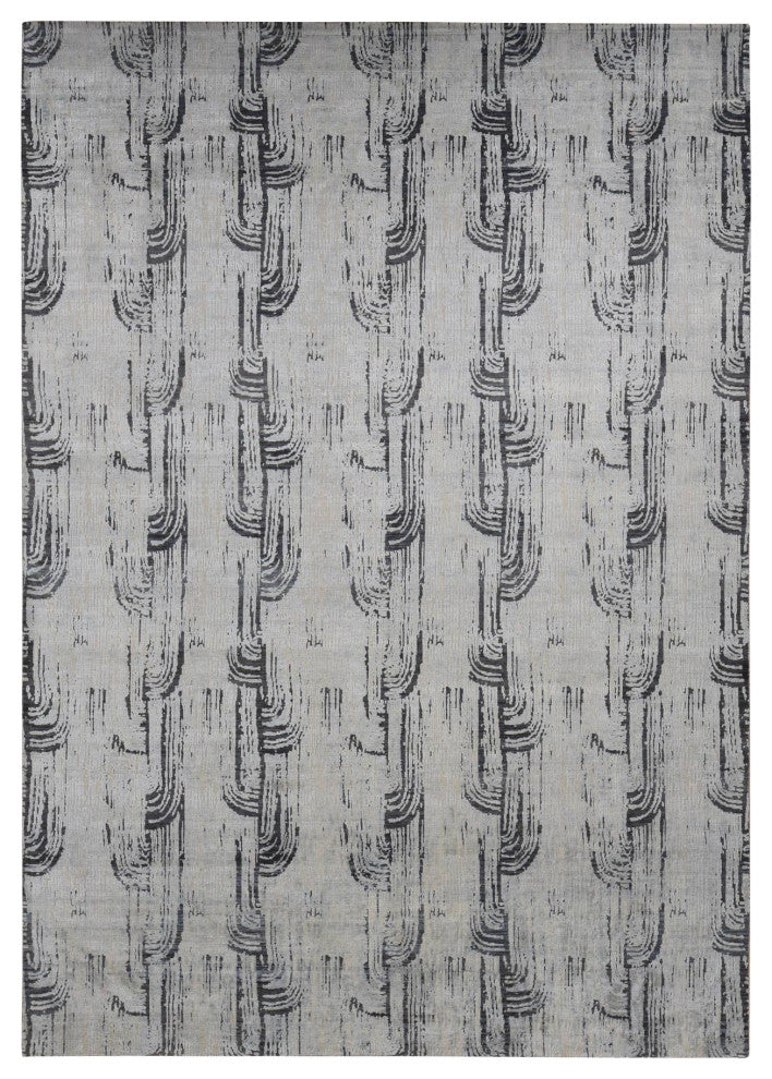 Cloud Gray, The Cane Design, Silk With Wool, Hand Knotted Rug, 10'x14'5"