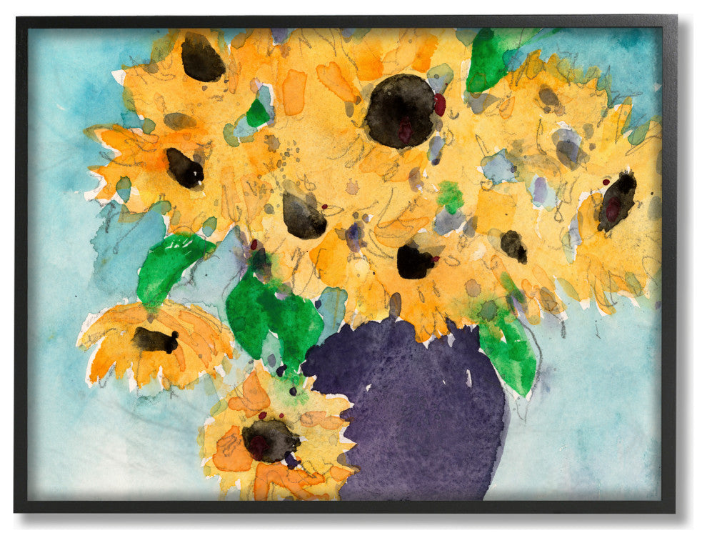 Sunflowers Yellow Green Watercolor Painting, 11"x14", Black Frame