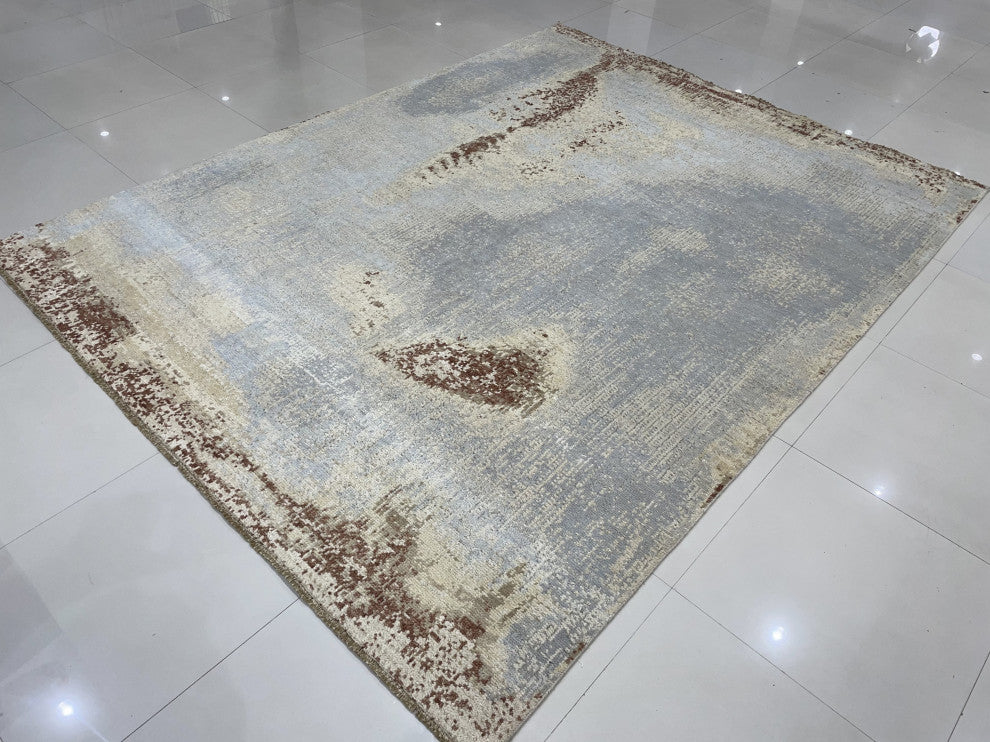 Hand-Knotted Wool Gray/Gold Transitional Abstract Traditional Knot Rug, 6'x9'