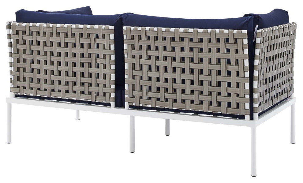 Harmony Sunbrella Basket Weave Outdoor Patio Aluminum Loveseat, Tan Navy