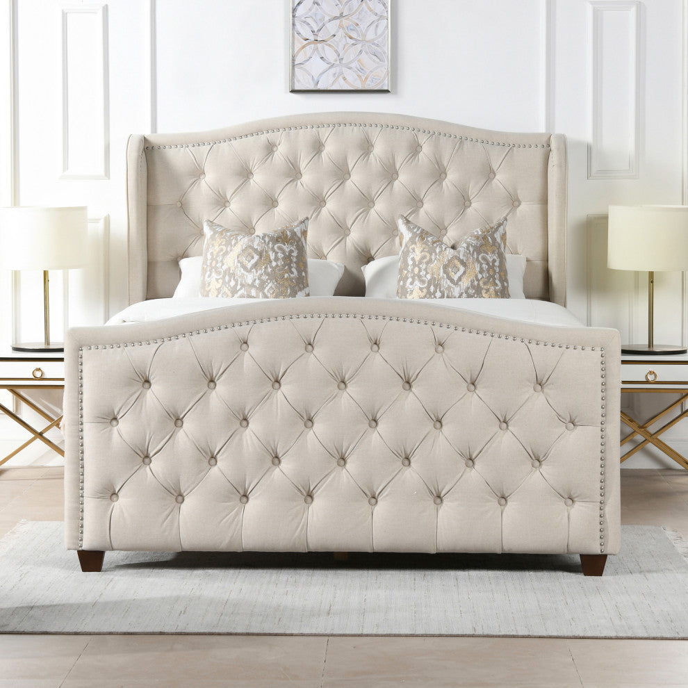 Marcella Upholstered Tufted Shelter Wingback Panel Bed, Sky Neutral Beige Polyester, Queen