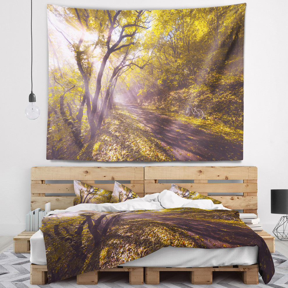 Bicycle Ride in Fall Forest Landscape Wall Tapestry, 39"x32"
