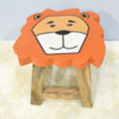 Handmade Mango Wood Kids Orange Color Lion Shaped Seat Indoor Stool, Orange