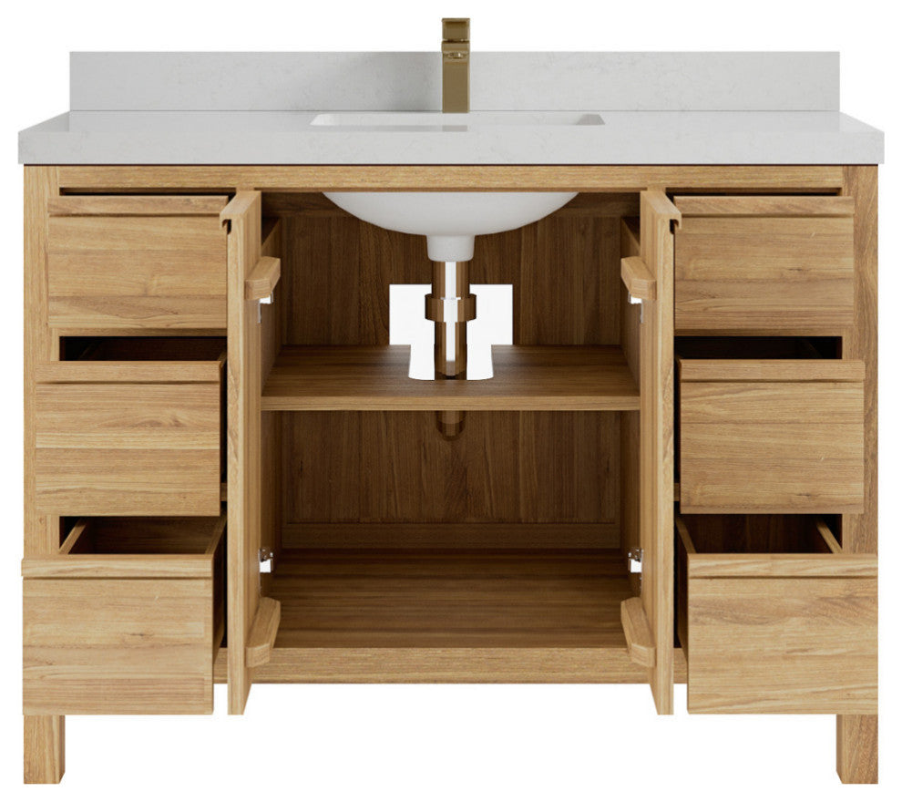 Elizabeth 48 Single Sink Bath Vanity in Light Natural Teak 2" Carrara Quartz