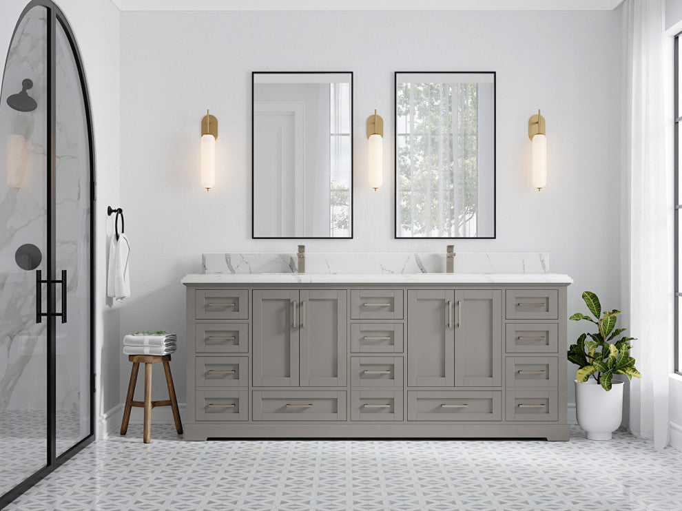Boston 84 Double Sink Bath Vanity in Elephant Skin Gray 2" Calacatta Laza