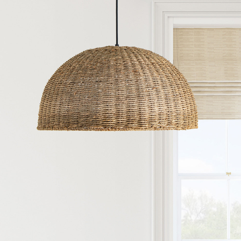 Pourel Transitional 3 Light Natural Matte Black Seagrass Pendant