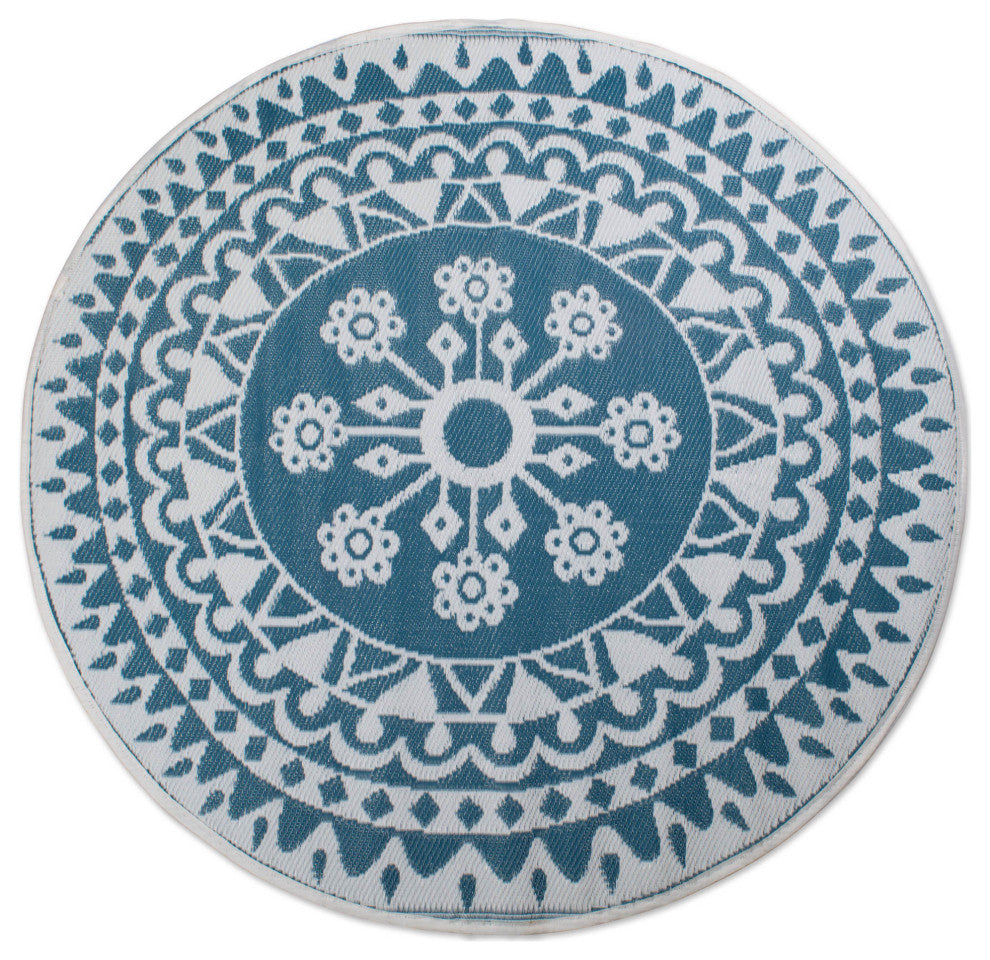 Blue Floral Outdoor Rug 5 Ft Round