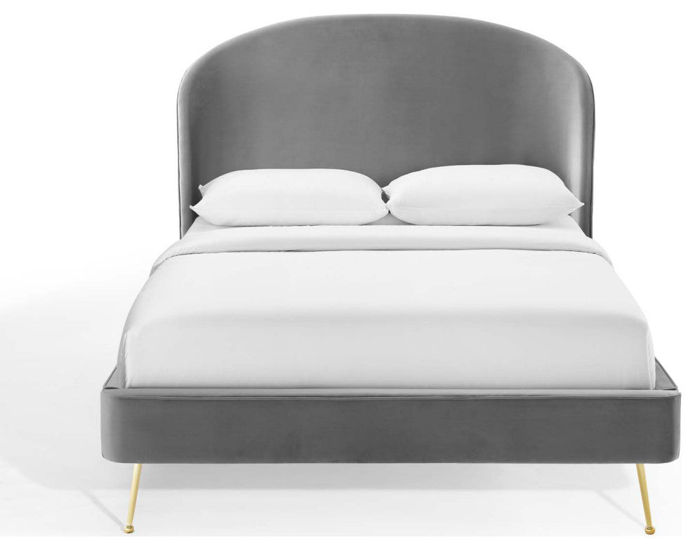 Platform Bed Frame, Queen Size, Velvet, Gray, Modern Contemporary, Bedroom