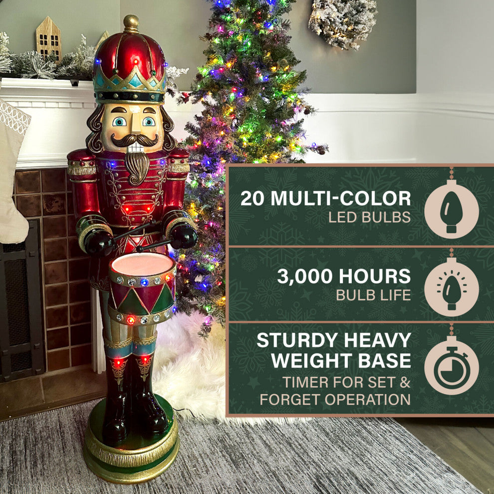 5' Nutcracker Playing Snare Drum WithMoving Hands, Music, Timer, 20 LED Lights