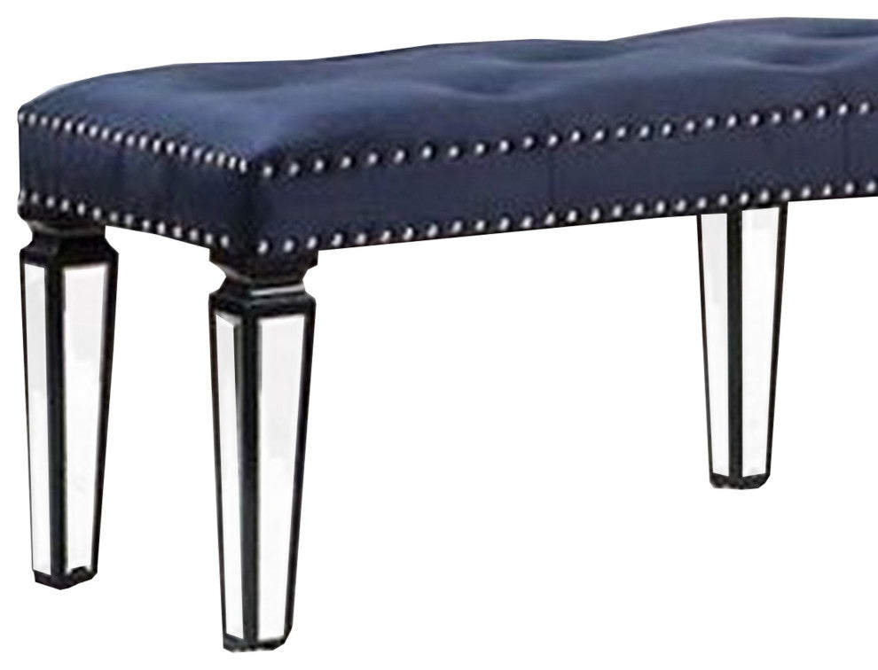 Benzara BM269606 Bench With Button Tufting and Mirror Tapered Legs, Blue