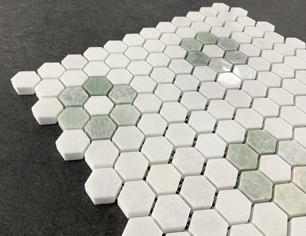 5-Pieces of Thassos White and Ming Green 1" x 1" Marble Honeycomb Mosaic