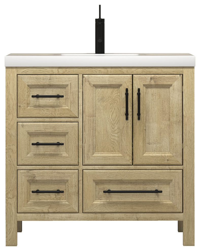 VIV 36" Solid Wood Freestanding Bathroom Vanity, Left Side Drawers, Oak