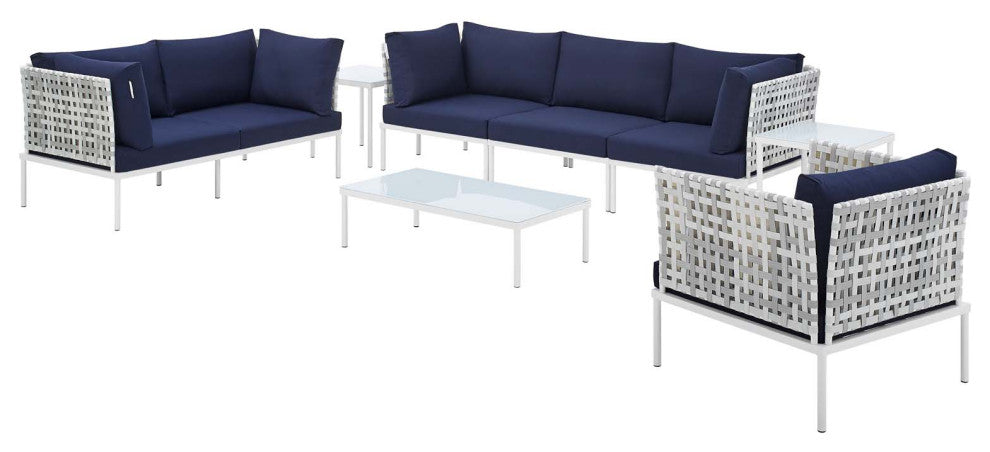 Lounge Sectional Sofa Chair Table Set, Sunbrella, Aluminum, Blue Navy, Outdoor