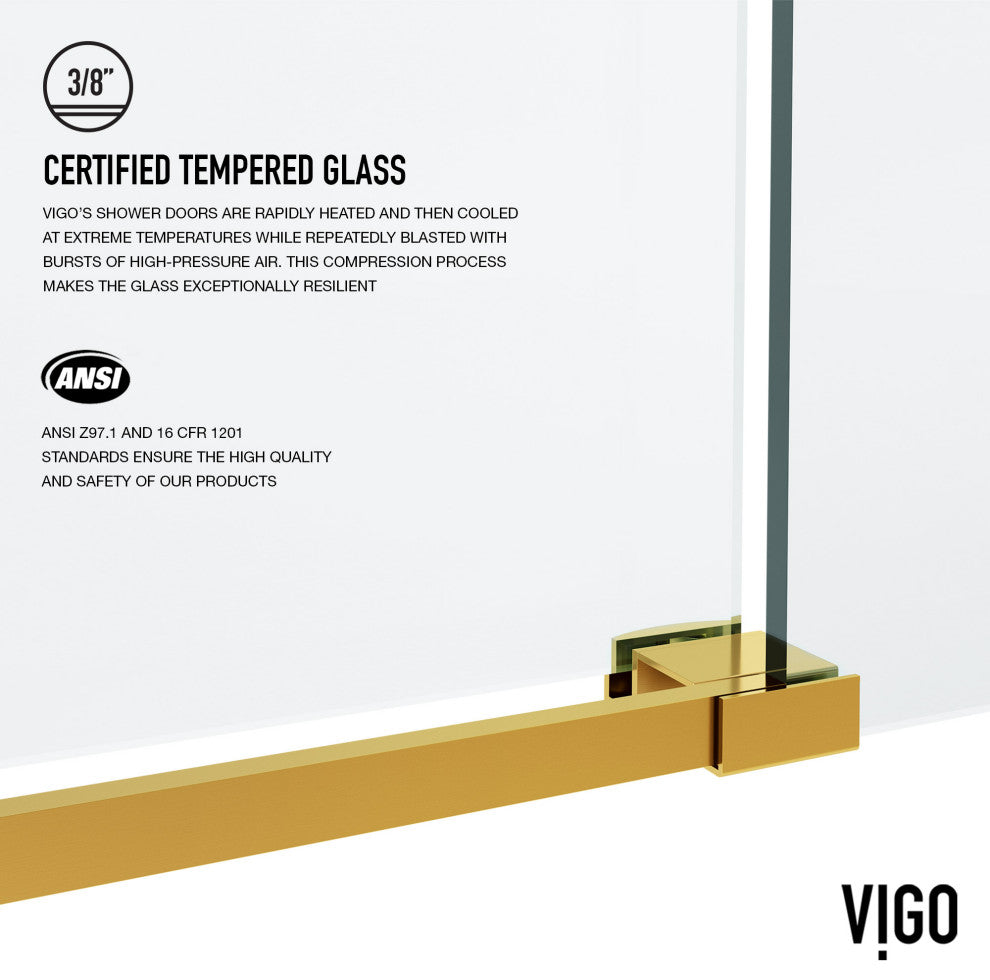 VIGO Elan Frameless Sliding Shower Door, V-Motion, Clear Glass, Matte Brushed Gold, 56" to 60" W X 76" H