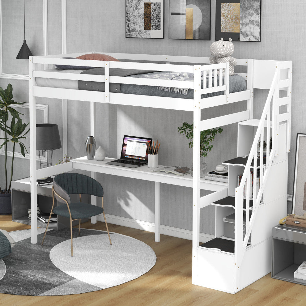 Gewnee Twin Size Loft Bed with Storage Staircase and Built-in Desk in White