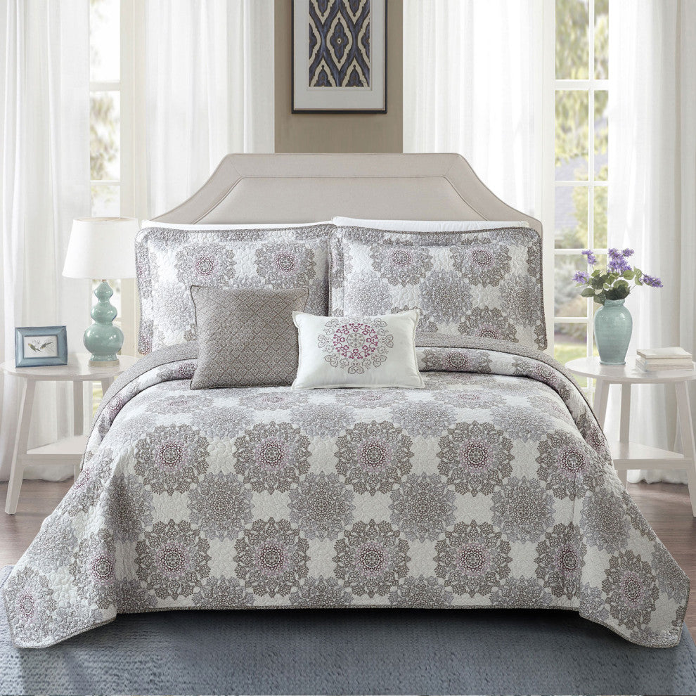 Serano Medallion Coverlet Bed Spread Set, Purple, Queen, 90"x90"