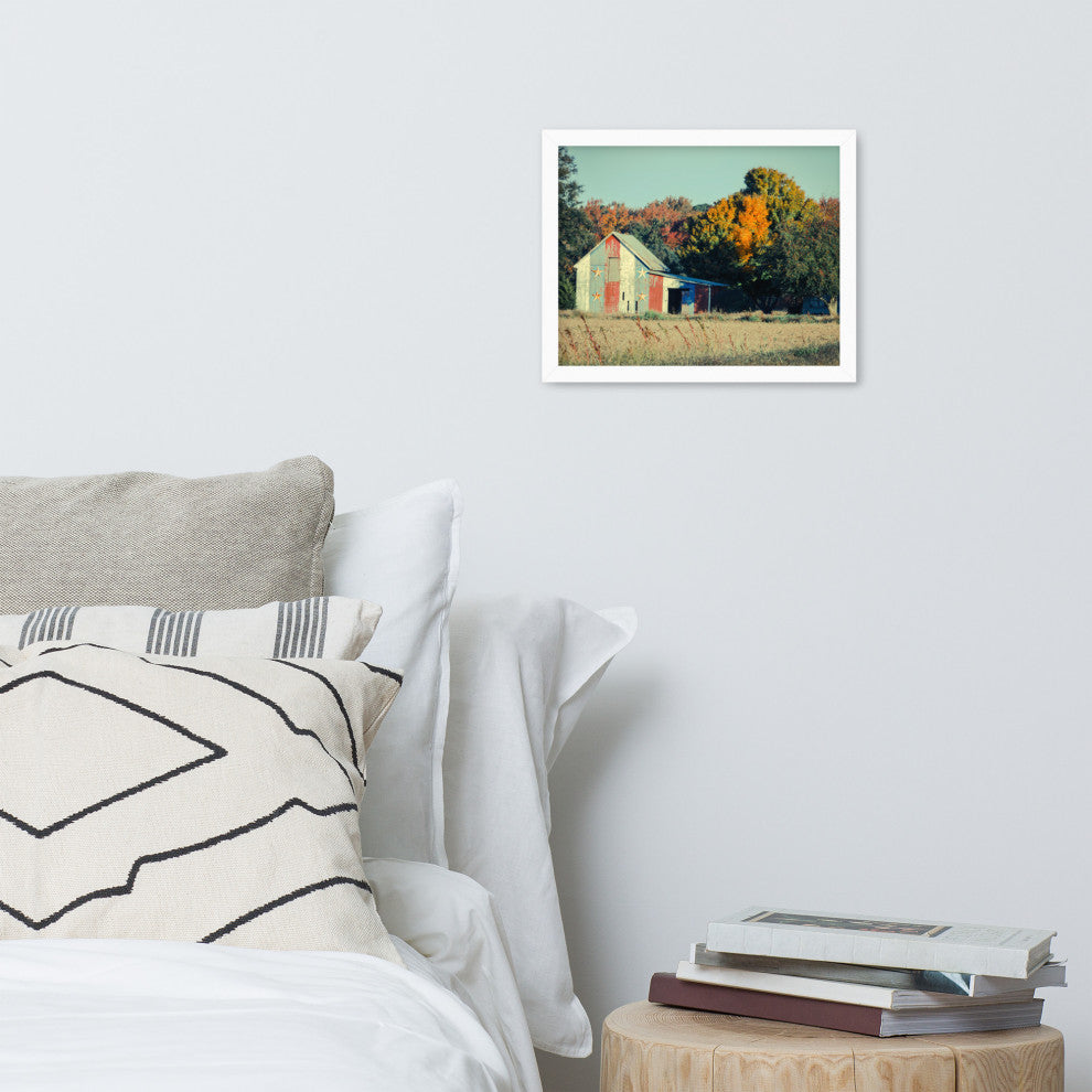 Patriotic Weathered Barn in Field Cross Processed Framed Photo Wall Art Prints, White, 11" X 14"