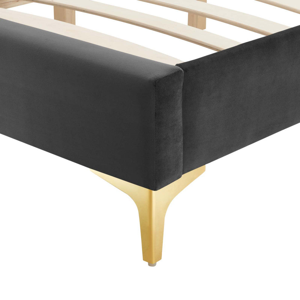 Platform Bed Frame, Twin Size, Velvet, Dark Grey Gray, Modern Contemporary