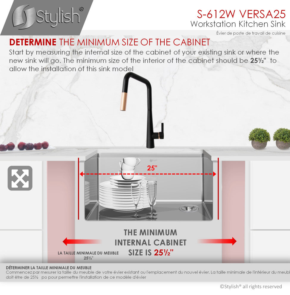 STYLISH 25 L x 19 W-inch Undermount Single Bowl 16G Kitchen Sink Workstation