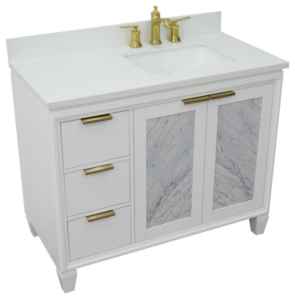43" Single Vanity, White Finish With White Engineered Stone Top