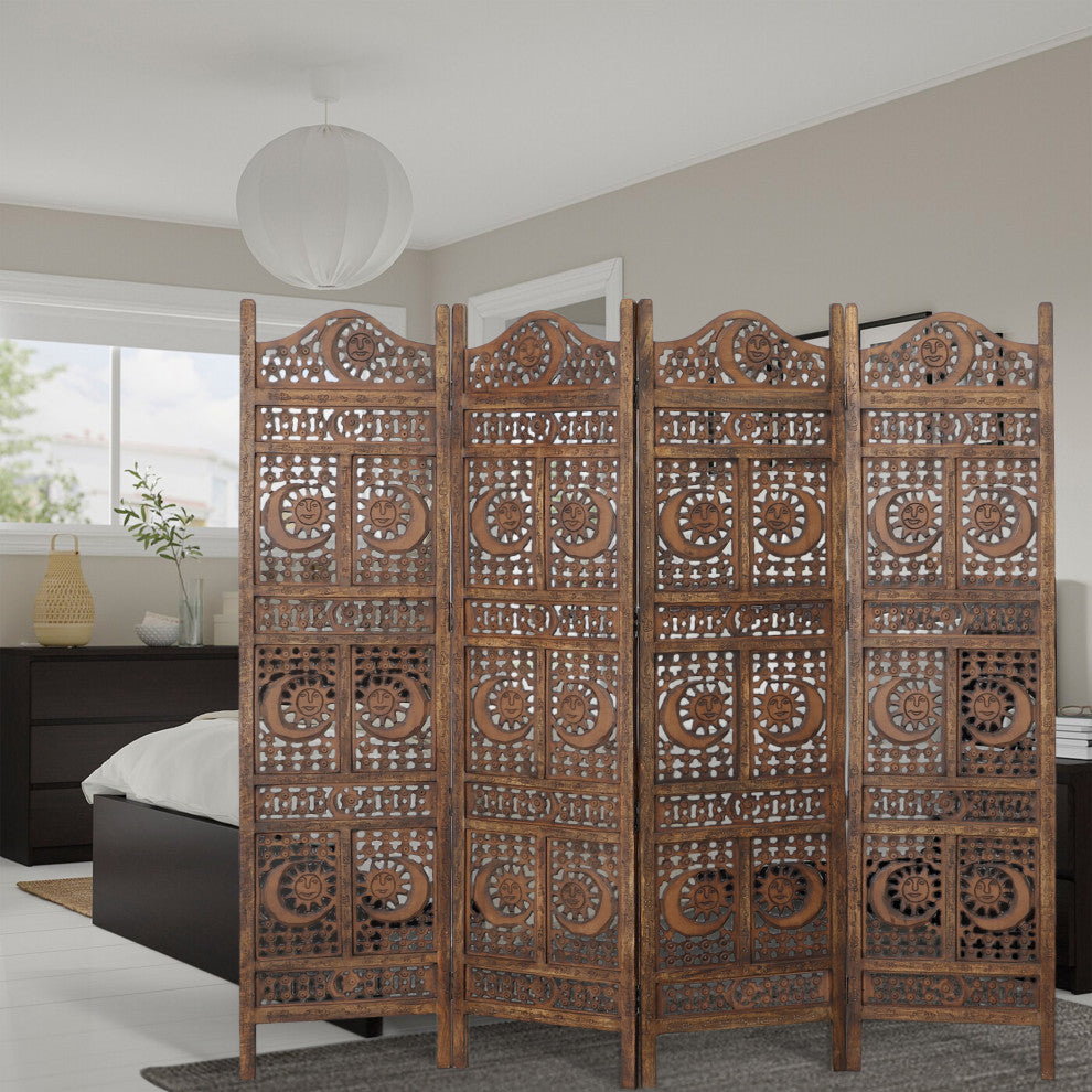 71" 4 Panel Mango Wood Room Divider Hand Carved Sun and Moon Design Brown