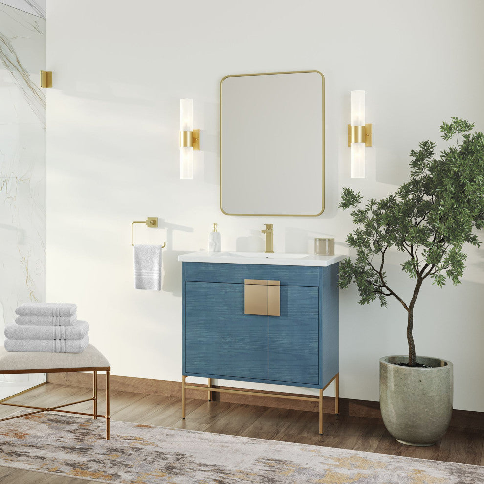 Lockhart Bath Vanity, French Blue, 30", Satin Brass Hardware, Single Sink, Freestanding