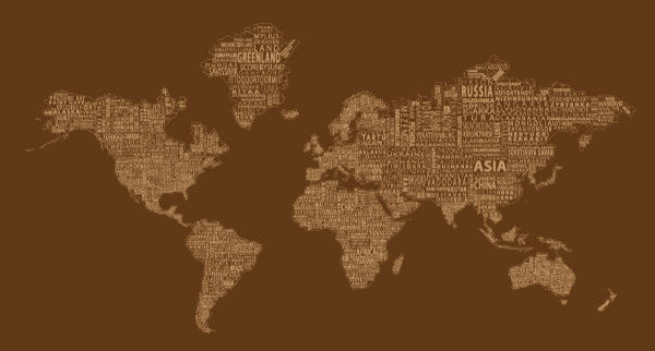 1-World Text Map Wall Mural, Brown Mono, 3 panel, 107x57"