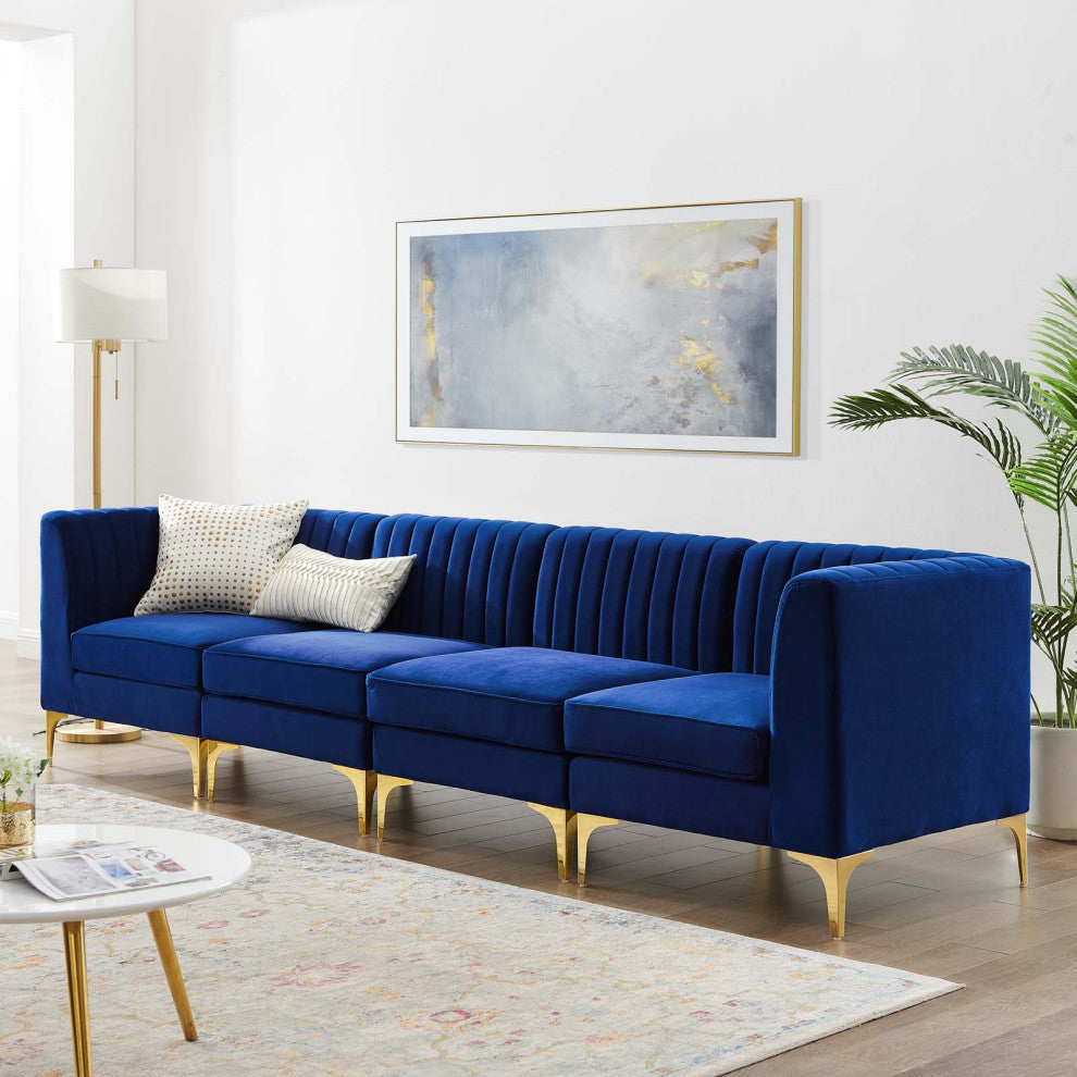 Tufted Sofa, Velvet, Blue Navy, Modern, Living Lounge Hotel Lobby Hospitality