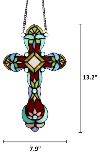Cross Victorian Tiffany-Style Stained Glass Panel 13" Tall