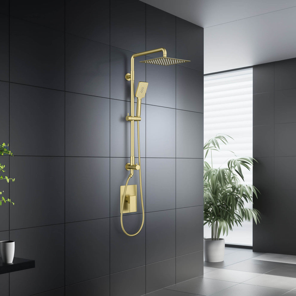 Cube 2-Function Shower Column, Rough, Valve, Brushed Gold