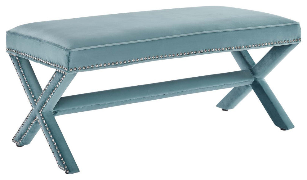 Rivet Upholstered Velvet Bench, Sea Blue