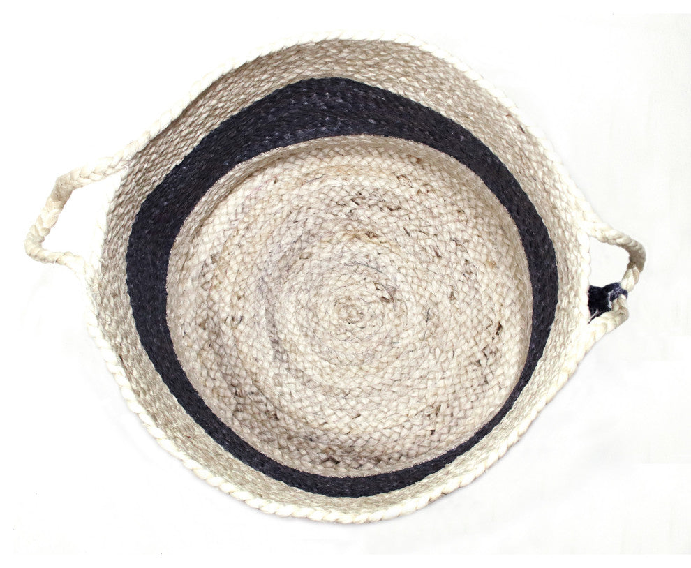 Bold Striped Off-White Jute Decorative Storage Basket with Handles