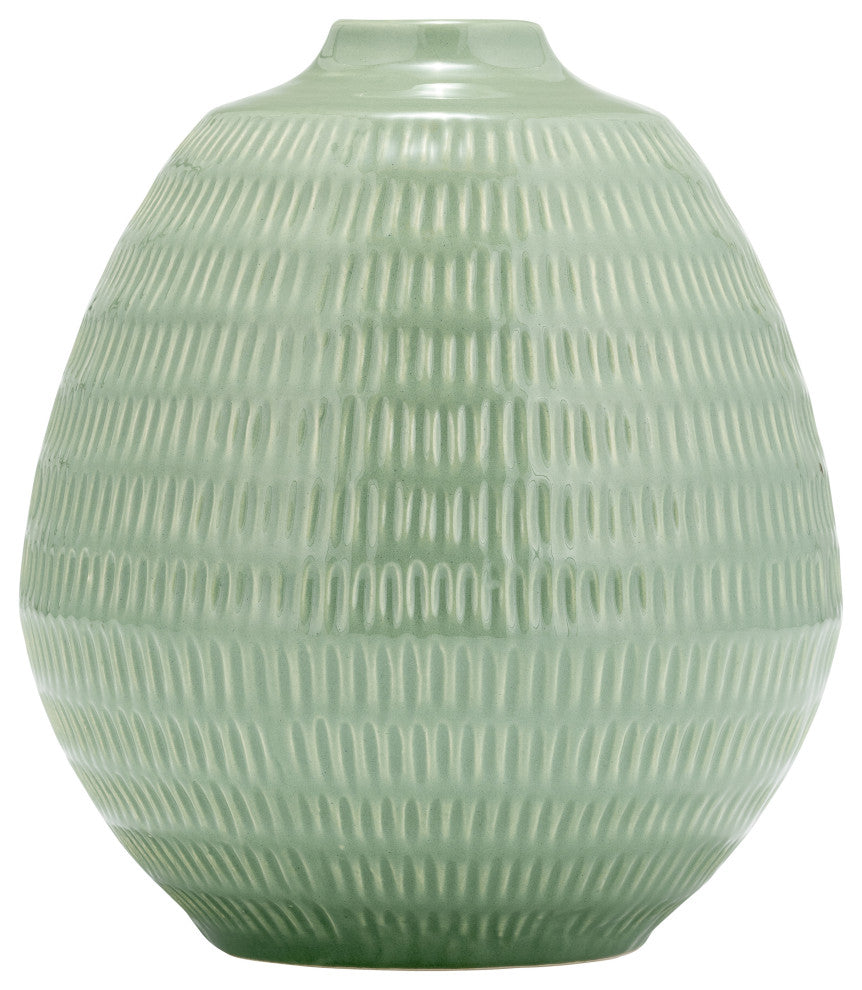 Ceramic 7", Stripe Oval Vase, Dark Sage