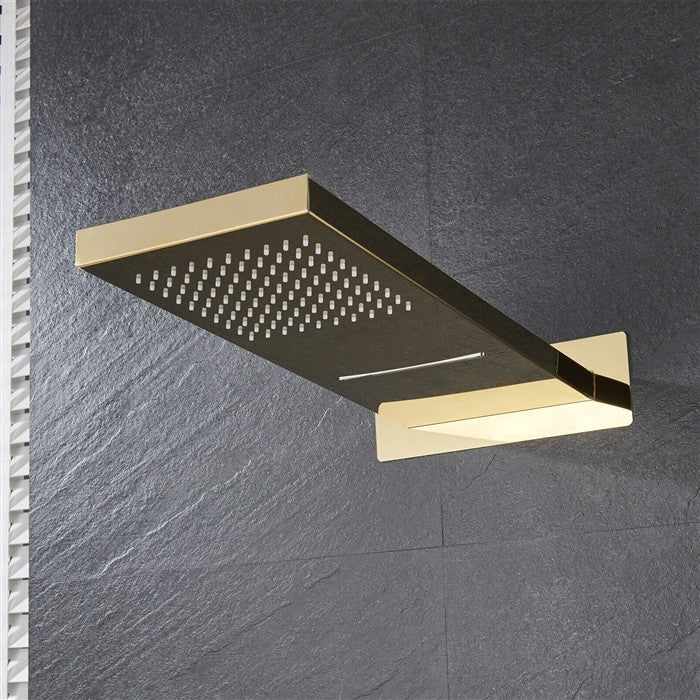 Avellino 22" Brushed Gold Rainfall Shower System, 6 Jetted Body Sprays, Non LED
