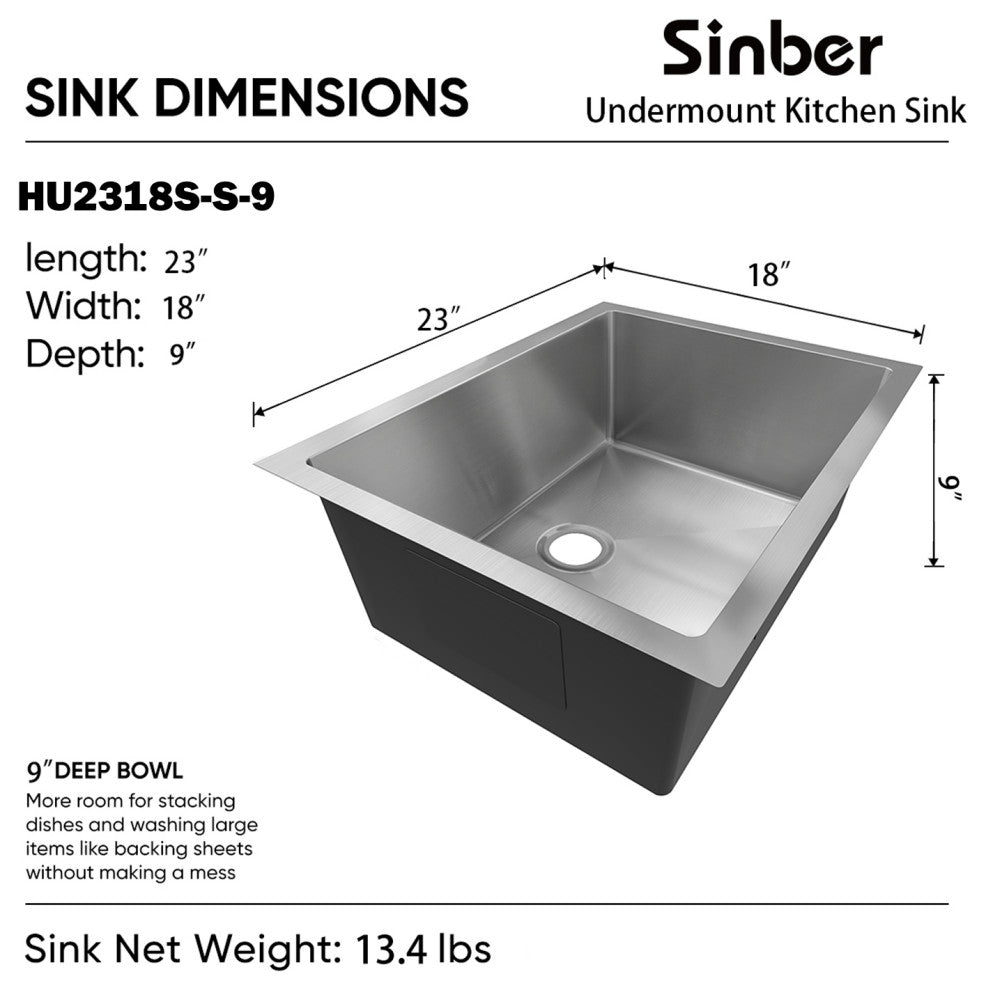 Sinber Single Bowl Kitchen Sink with 304 Stainless Steel Satin Finish, 23"x18"x9", Undermount