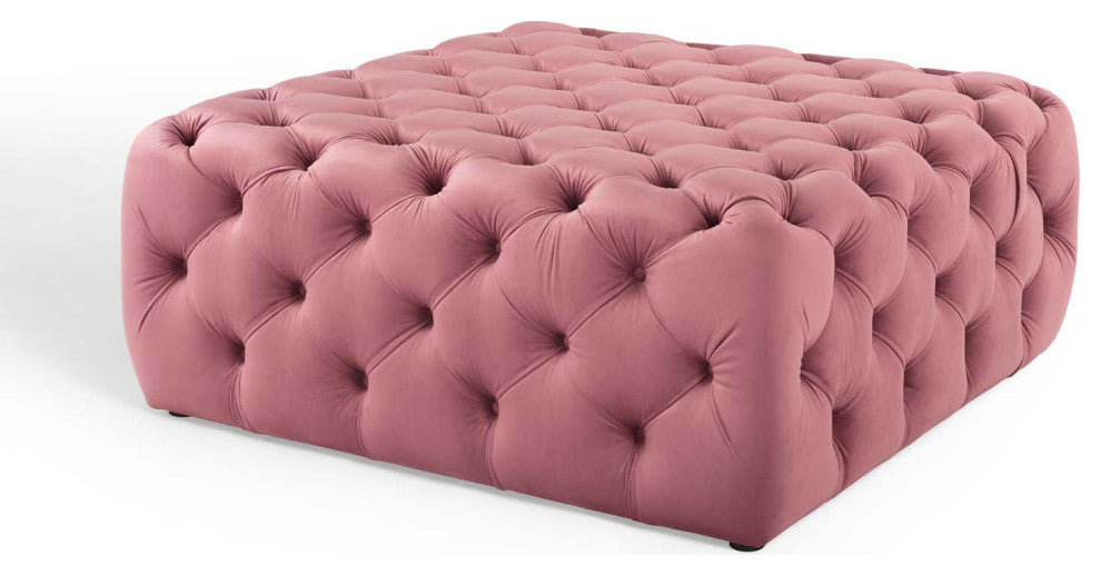 Tufted Accent Chair Ottoman, Square, Velvet, Pink, Modern, Lounge Hospitality