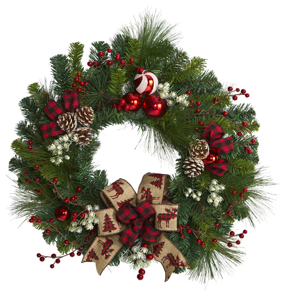 Nearly Natural 24ï¿½Christmas Pine Artificial Wreath / Pine Cones and Ornaments
