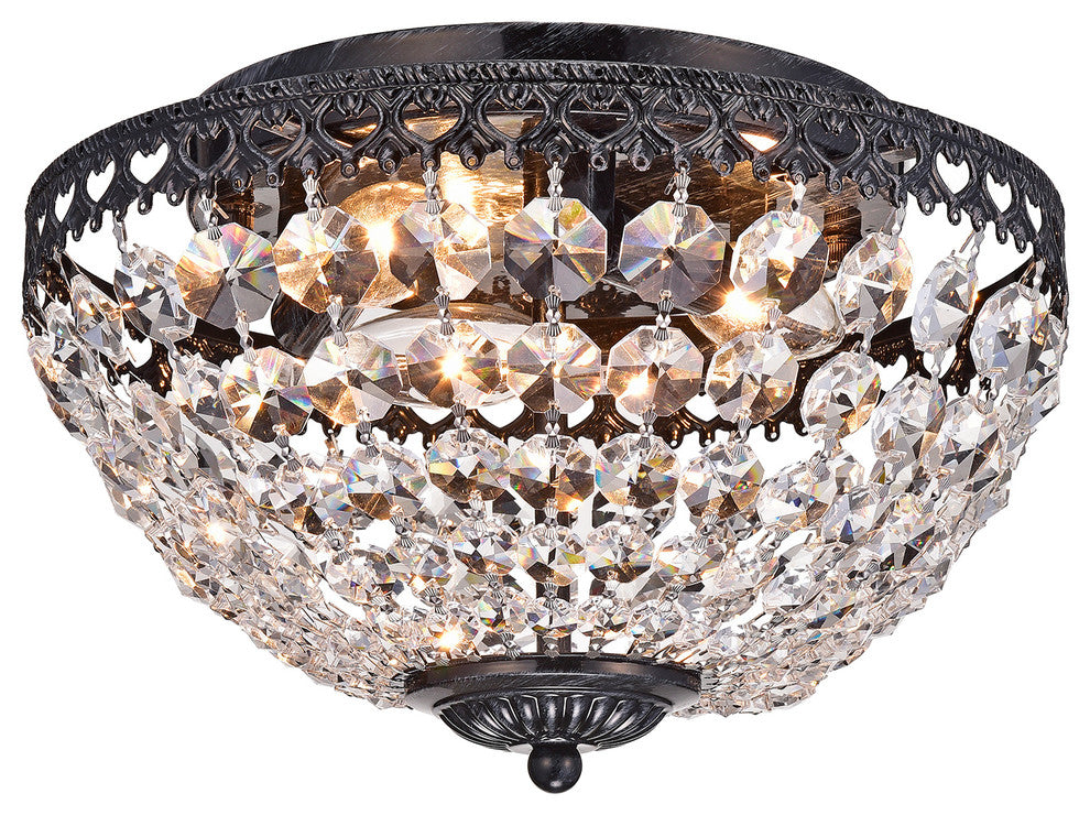 3-Light Antique Black and Crystal Bowl Shade Flushmount
