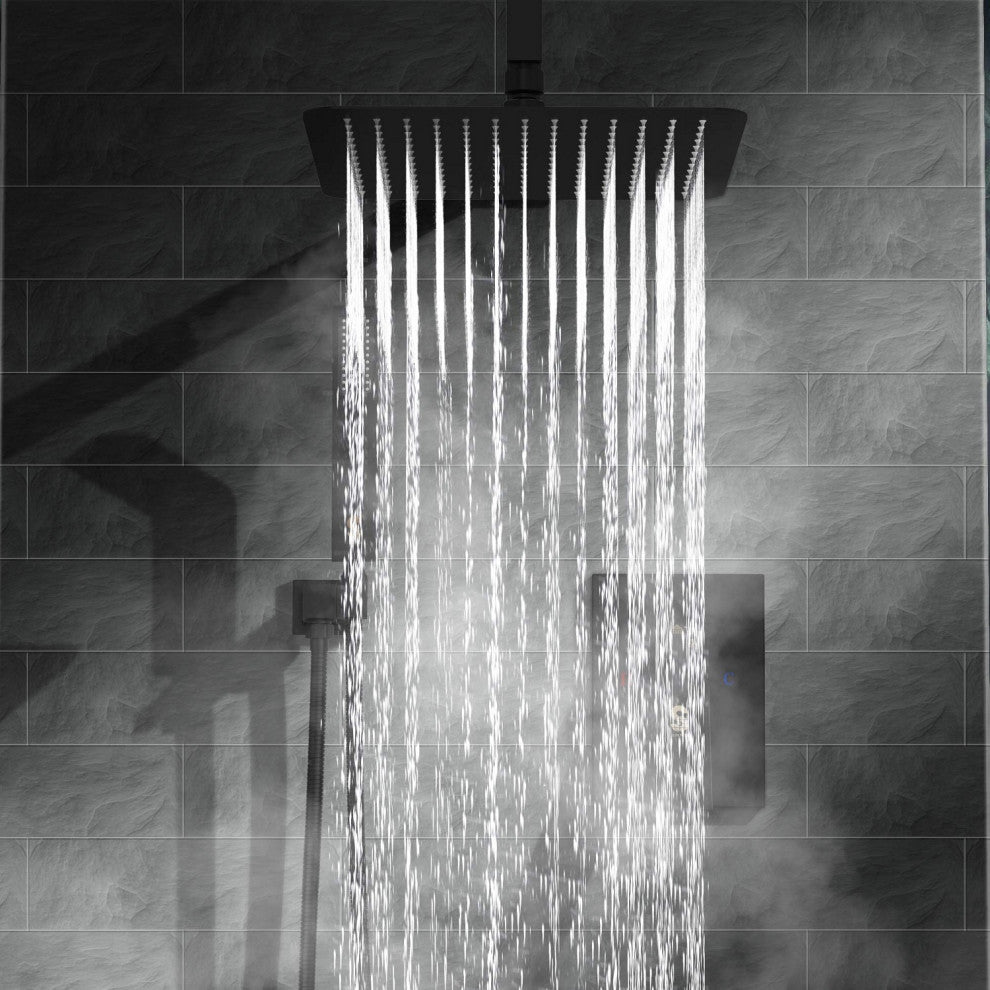 Ceiling Mounted Shower System Set With 16" Rain Shower Head, Matte Black