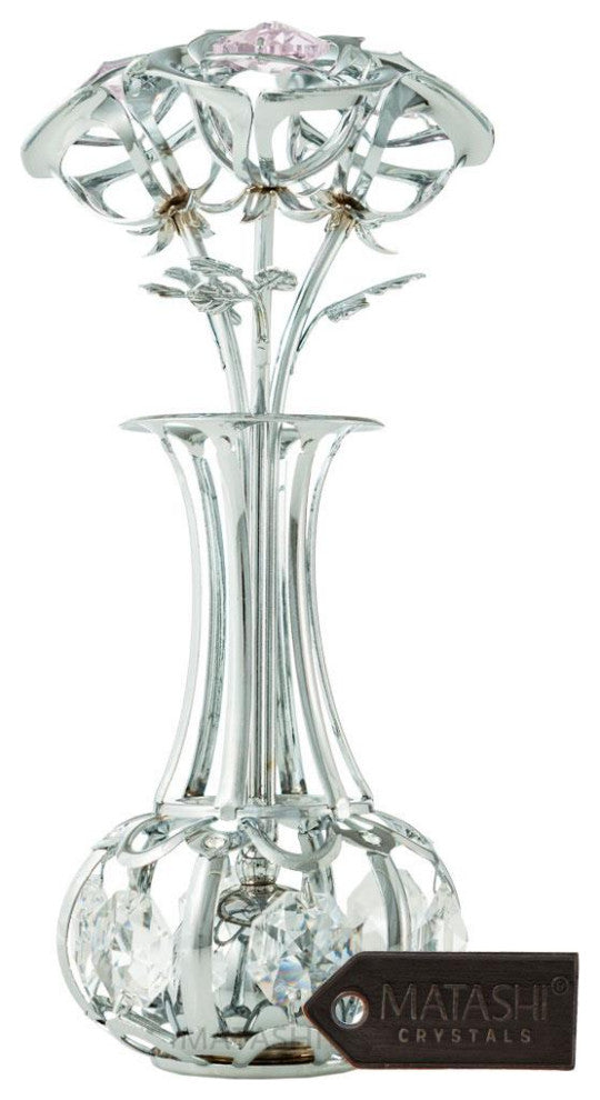 Chrome Plated Silver Flowers Bouquet and Vase With Pink and Clear Crystals