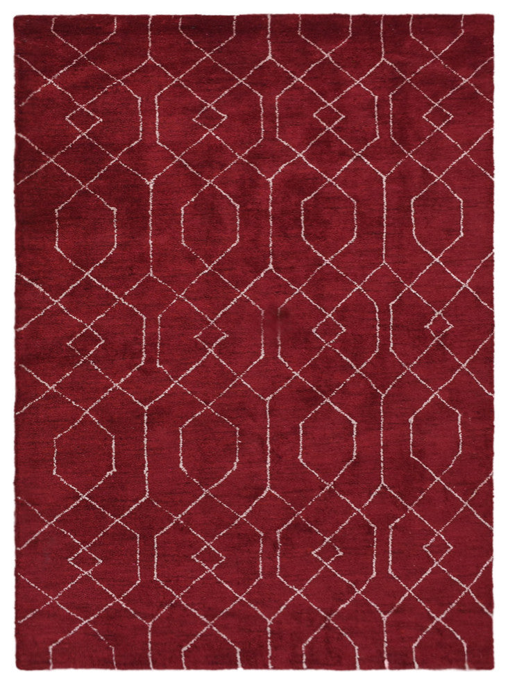 HAND KNOTTED LOOM SILK ECO-FRIENDLY AREA RUG-5'x8',Rectangle,Red White,Geometric